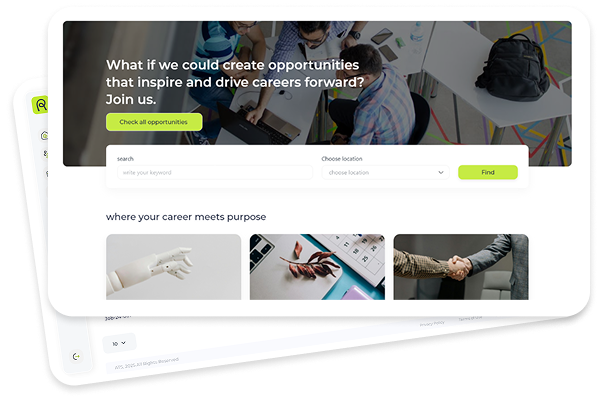 Website banner showing people collaborating around a table with text inviting to create career opportunities and a search form for jobs by keyword and location.