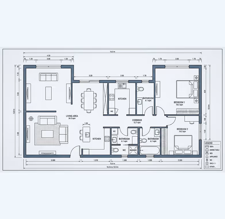 Architectural floor plan of a residential layout including living area, kitchen, two bedrooms, three bathrooms, and a corridor with detailed measurements.