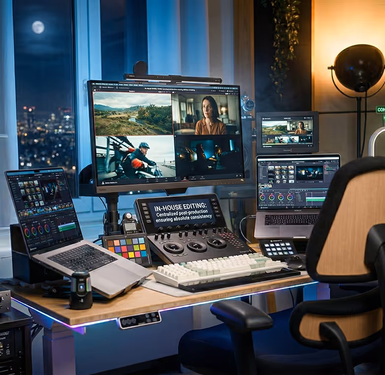 Editing studio with multiple monitors, laptops, and a control panel displaying video editing software and in-house editing text.