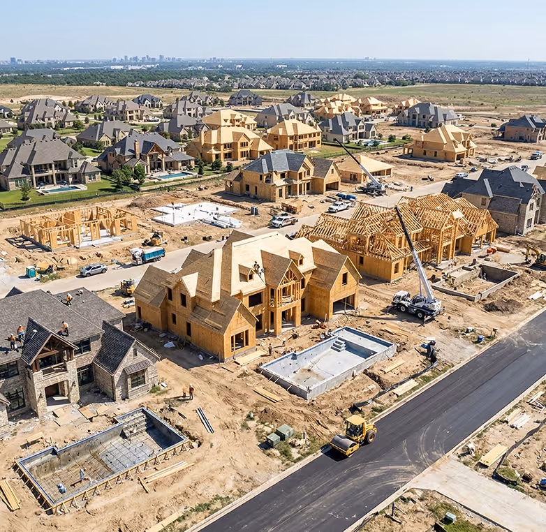 Aerial view of a residential neighborhood under construction with multiple wooden-frame houses and construction equipment on site.
