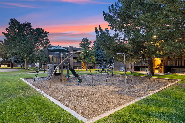 Playground with slides, swings, and climbing structures surrounded by green grass and trees at sunset in a residential area.