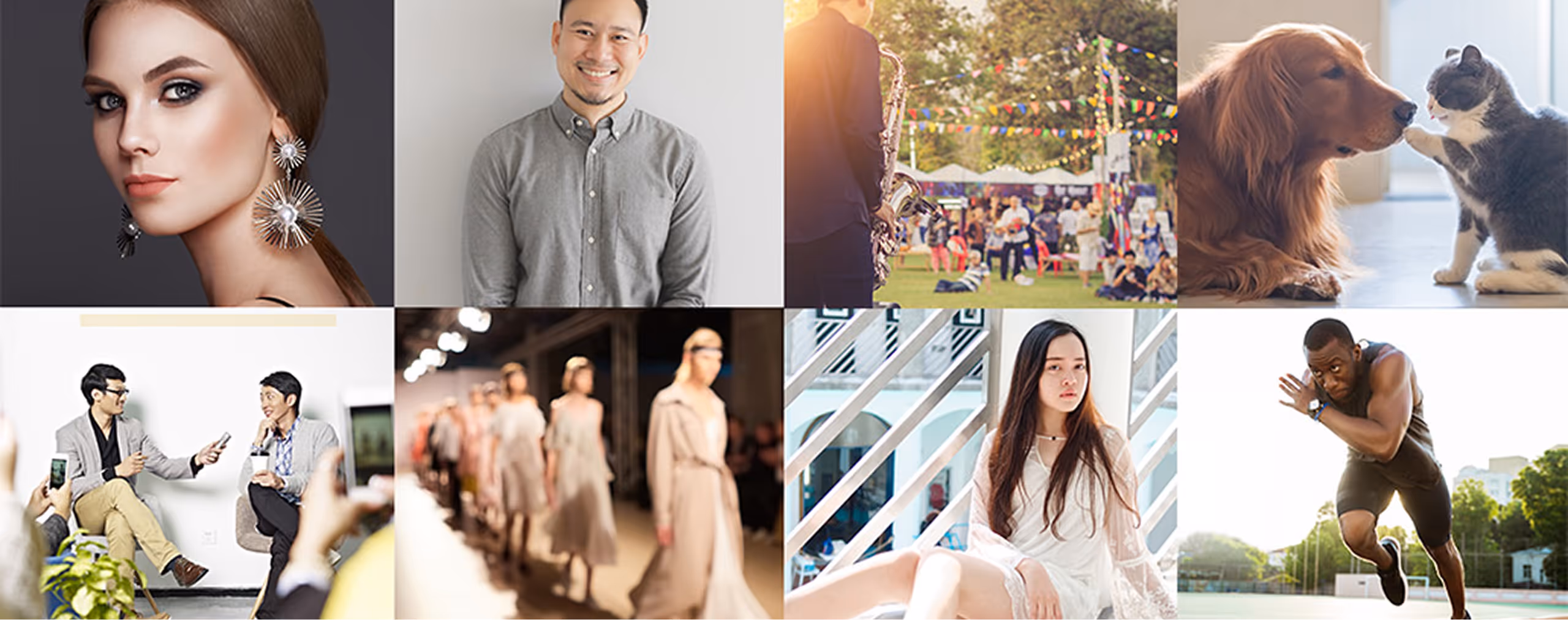 さまざまな活動をしている人々のコラージュ、女性のポートレート、笑顔の男性、野外音楽演奏、犬と猫のふれあい、インタビュー、ファッションショー、室内で座る女性、屋外で走る男性。