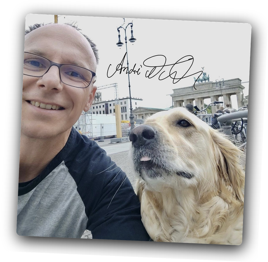 André with his Golden Retriever in front of the Brandenburg Gate in Berlin, signed.