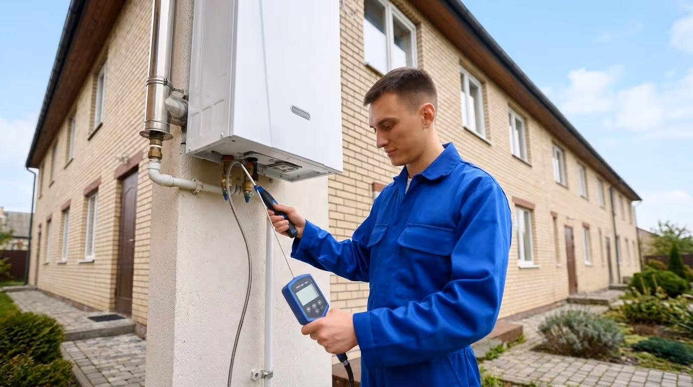 Mann in blauem Overall messt eine Therme