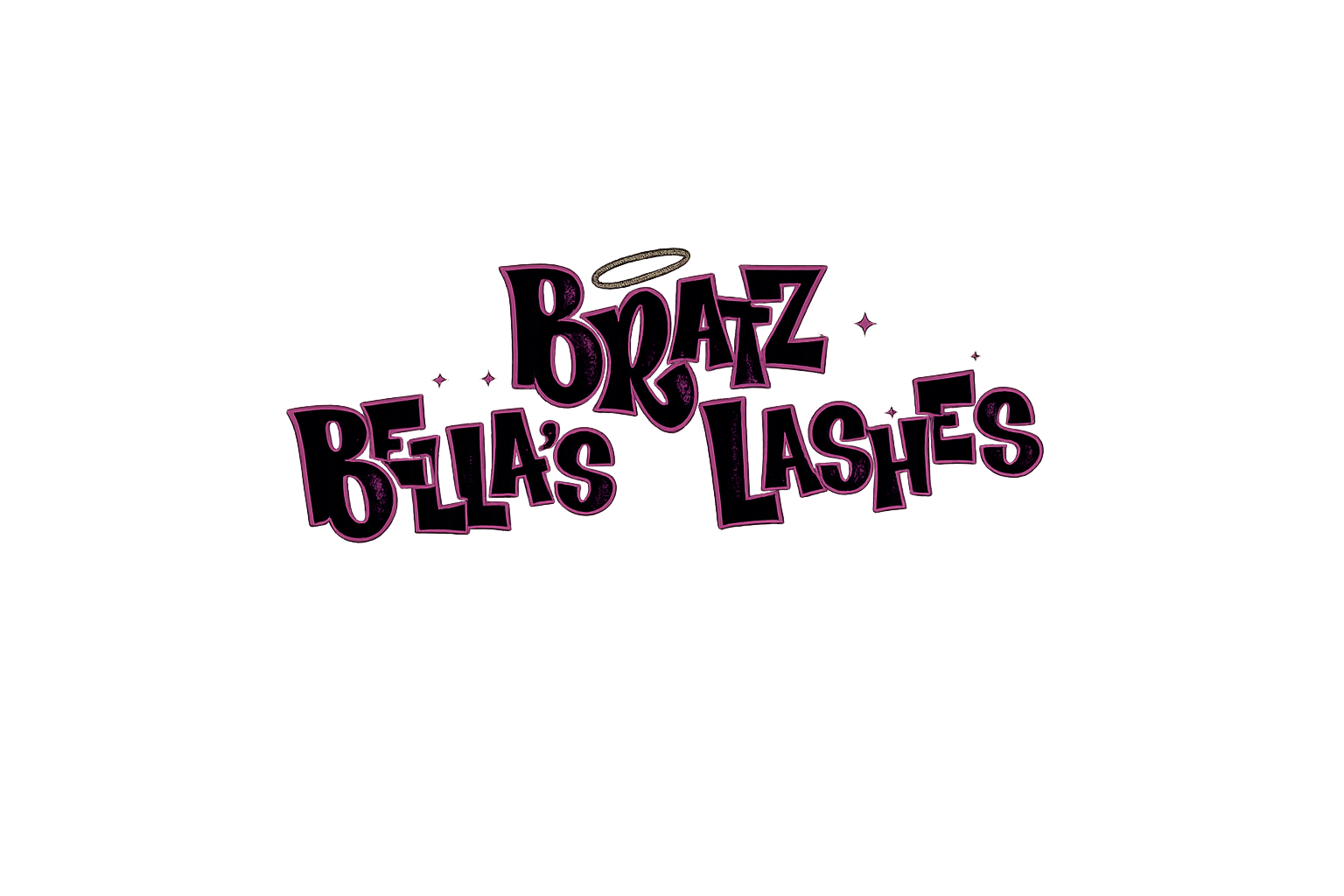 Black stylized text reading 'Borz Bella's Lashes' with a golden halo above 'Borz' and pink glow on a mustard background.
