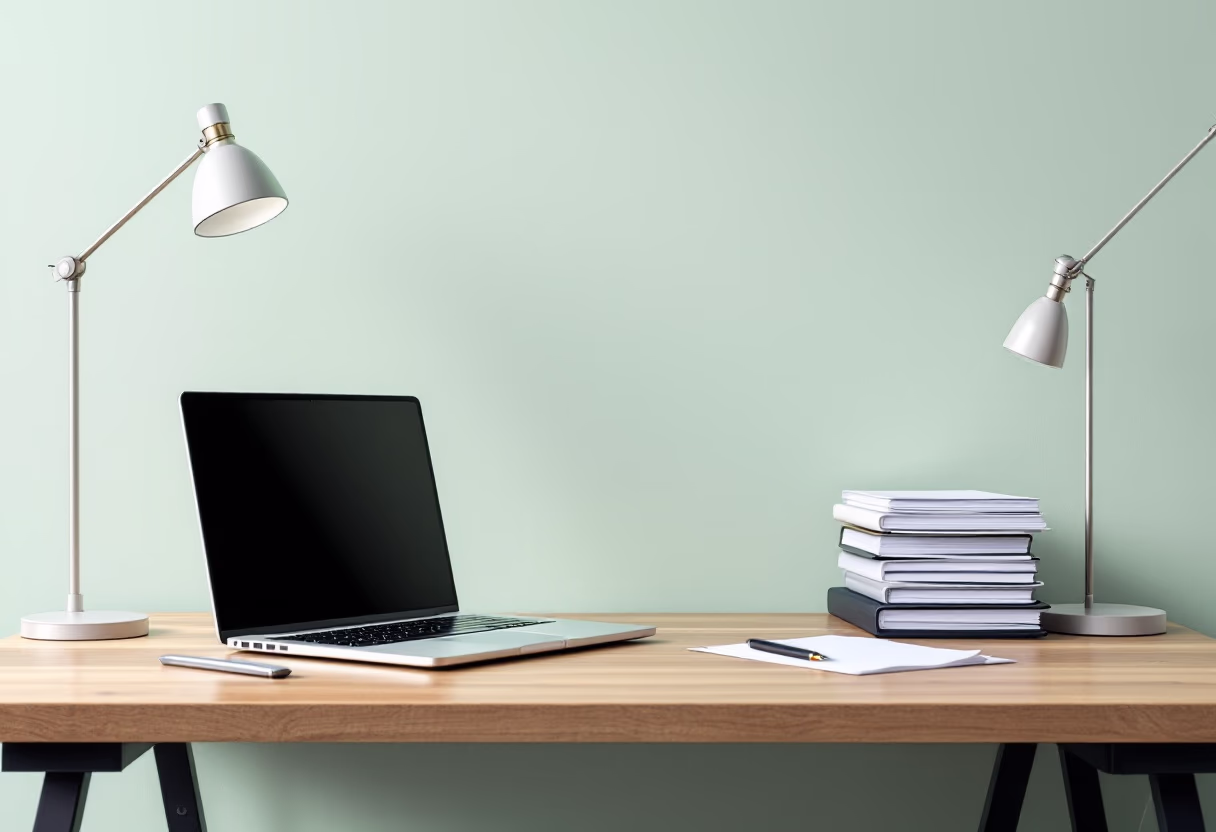 [background image] image of a work desk with a laptop and documents (for a ai legal tech company)
