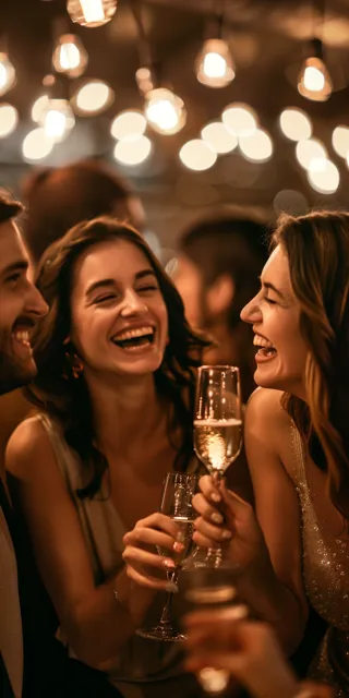 Three friends laughing and clinking champagne glasses at a festive gathering with warm string lights in the background.