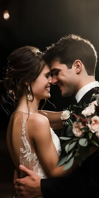 Close-up of a smiling bride and groom in wedding attire embracing with foreheads touching.