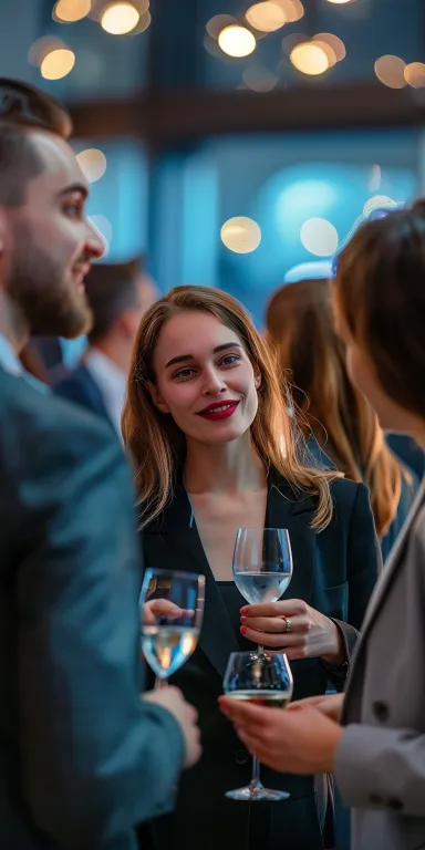 Three professionally dressed people holding wine glasses engaged in a conversation at an indoor event with blurred warm lights in the background.