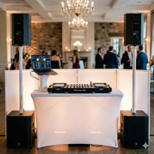 DJ setup with Pioneer DJ controller, laptop on stand, and two large speakers in an elegant room with chandeliers and people in the background.