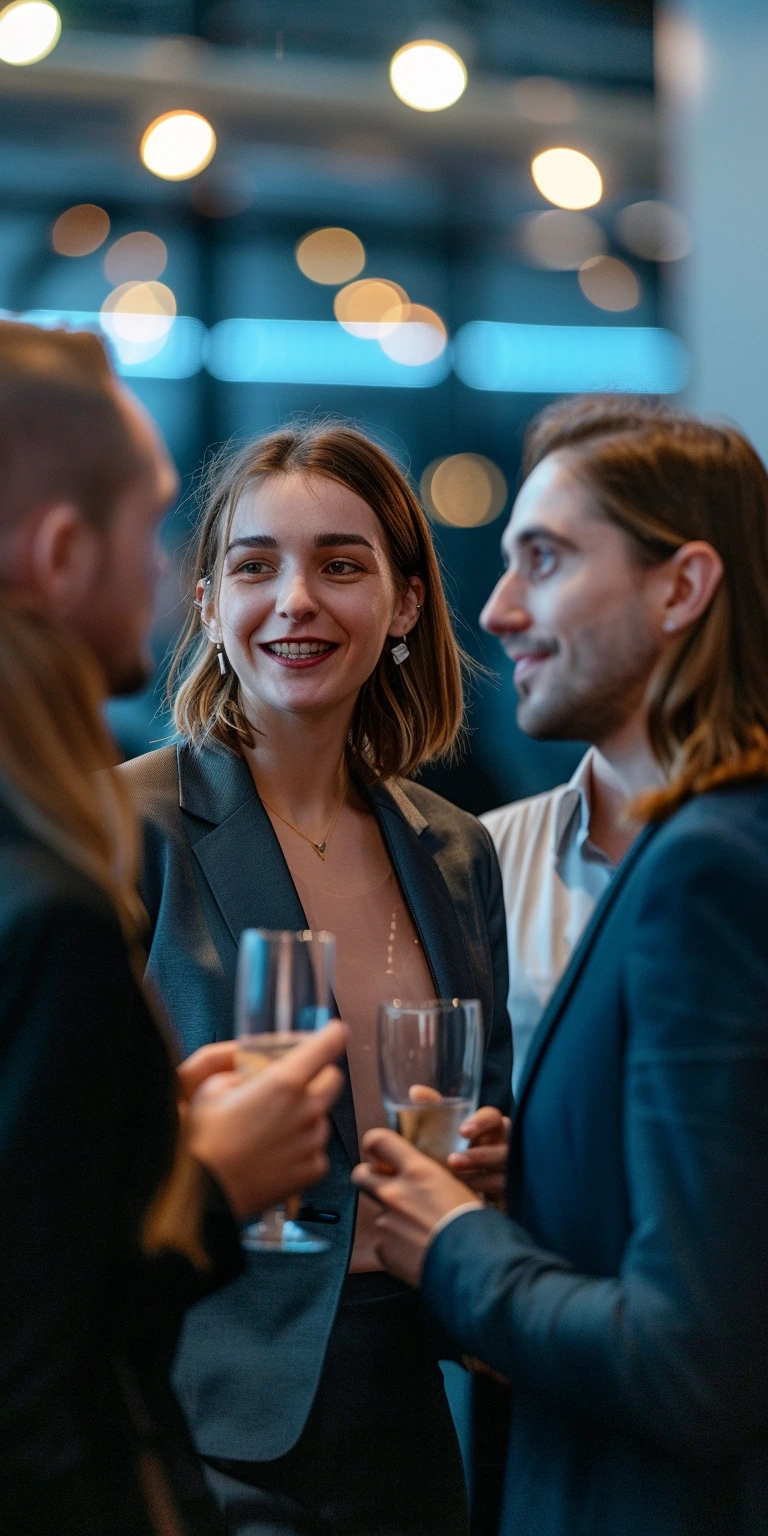 Three young professionals in business attire smiling and chatting while holding glasses at a social event with blurred lights in the background.