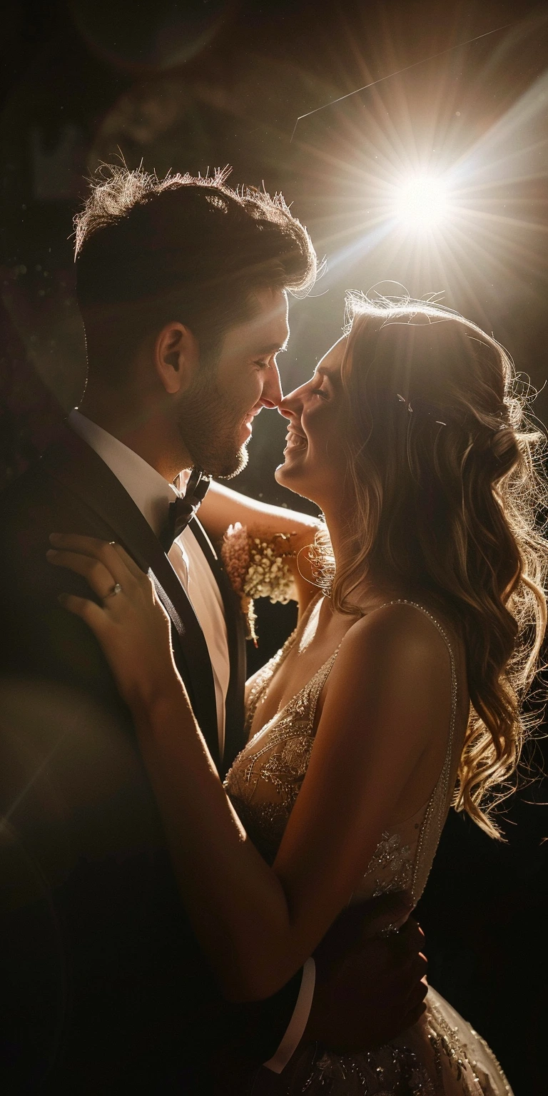 Bride and groom smiling and embracing closely, illuminated by a bright light behind them.