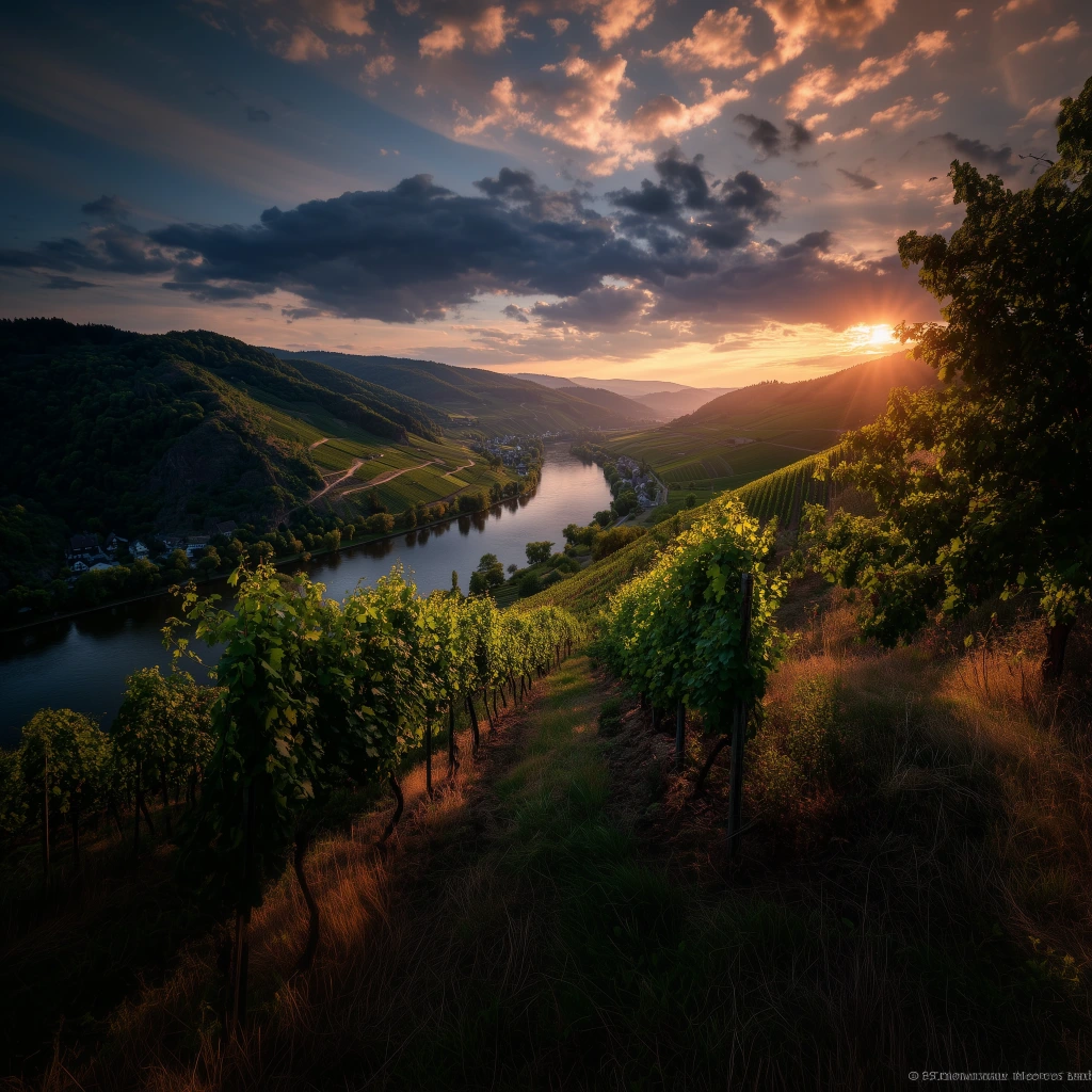 Sunset over a river winding through green vineyards and hills under a partly cloudy sky.