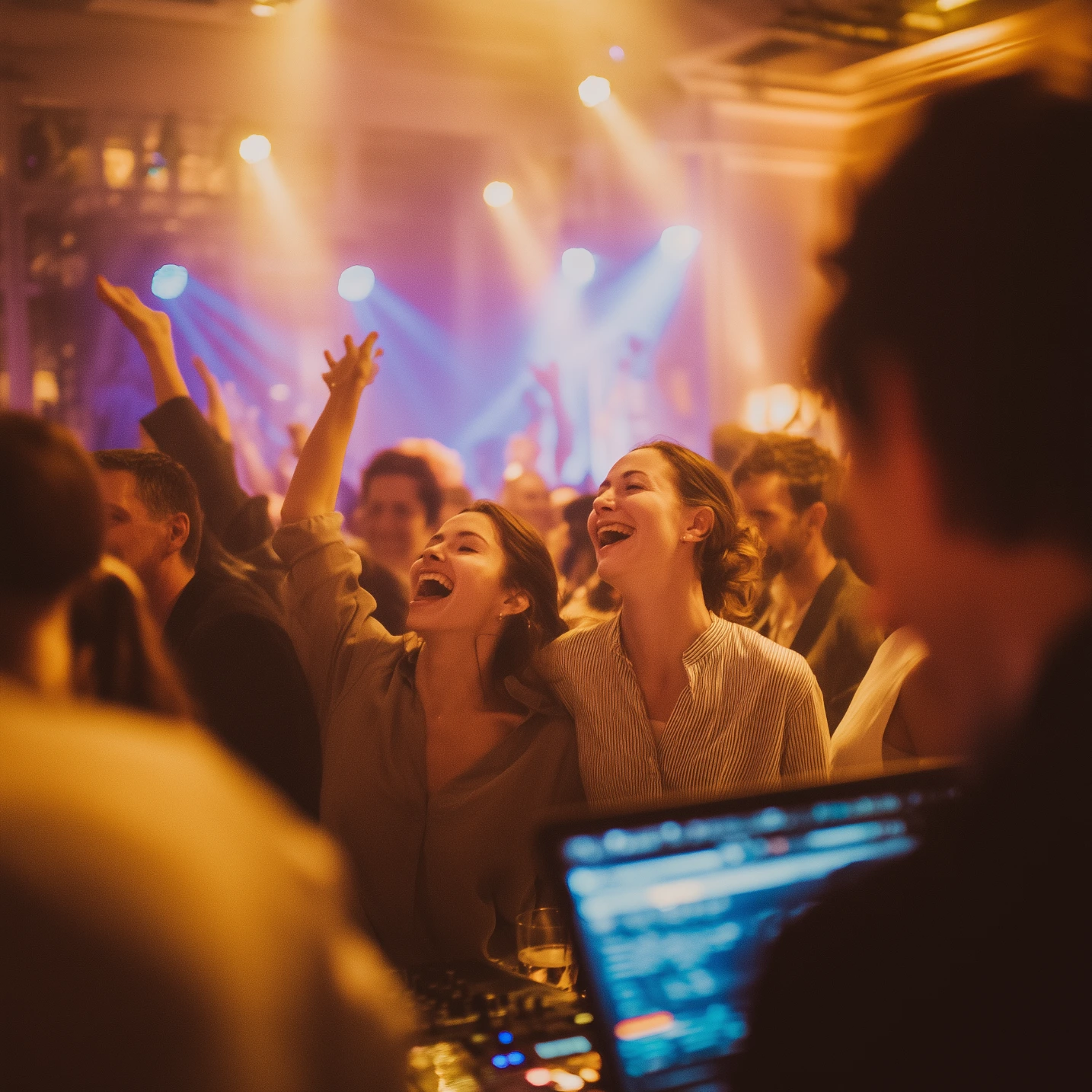 Two young women joyfully dancing and laughing at a lively party with colorful stage lights.