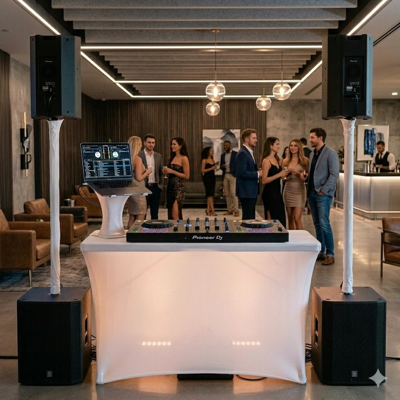 Modern DJ setup with two large speakers, a controller, and a laptop in the foreground at a social event with well-dressed people mingling in the background.