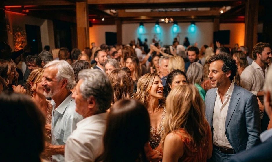 Large group of adults socializing and enjoying a lively indoor party with warm lighting.