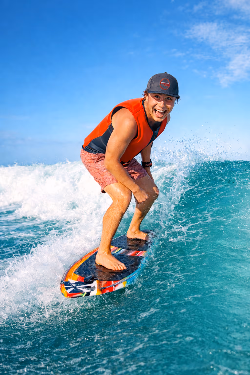 Three people smiling and chatting on a sailboat with calm water and a city skyline in the background.