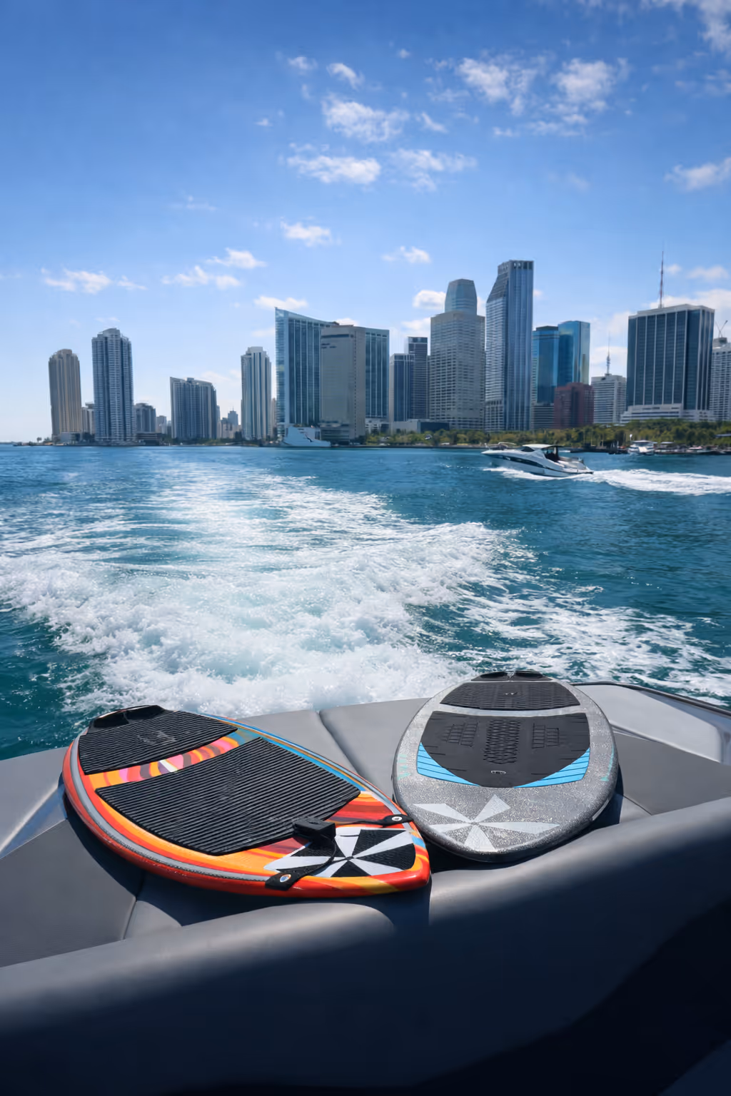 Two wake surfboards on a boat with a wake in the water and Miami skyline in the background under a partly cloudy sky.