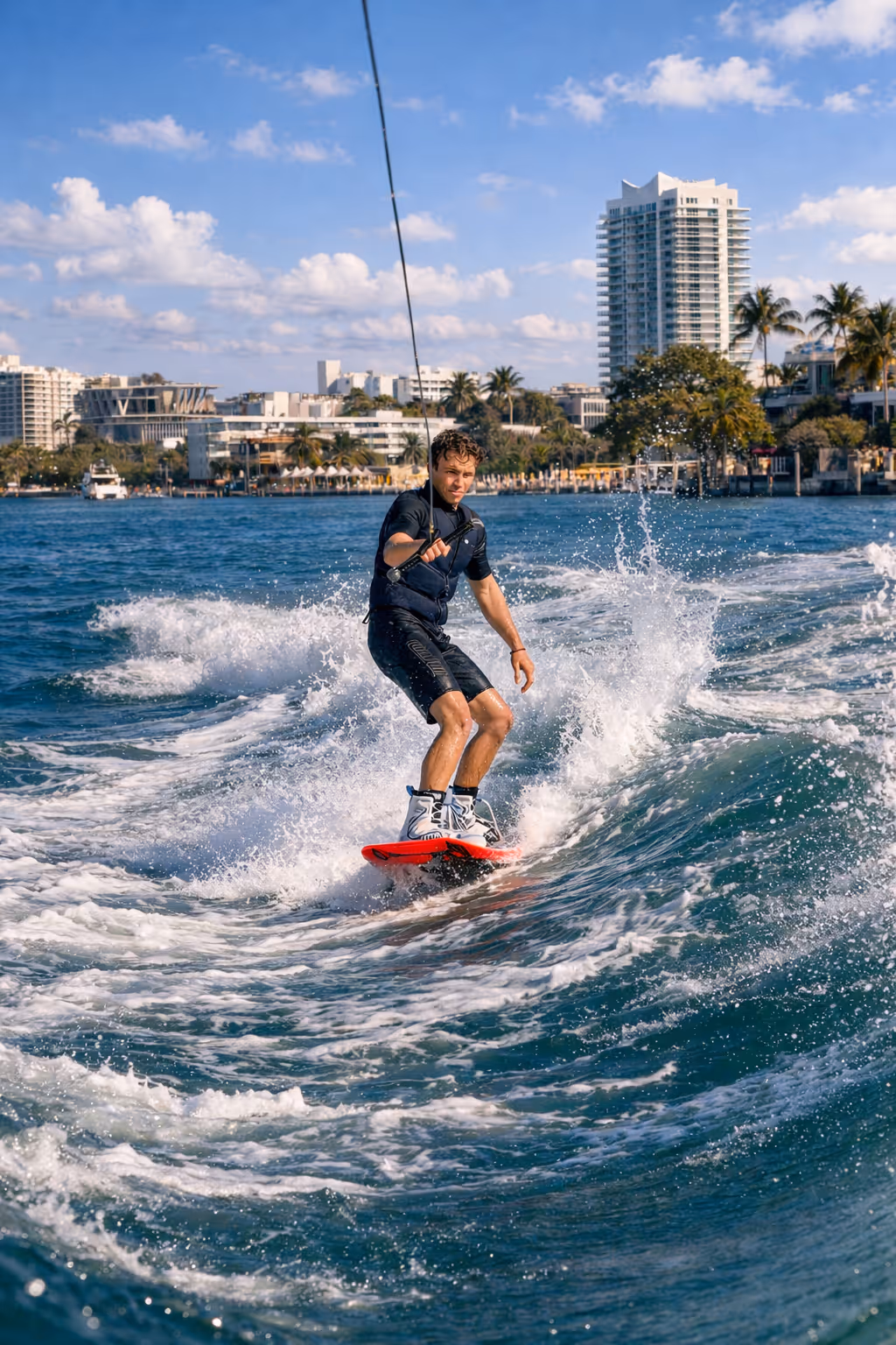 Man wakeboarding on blue water near a city shoreline with buildings and palm trees under a blue sky.