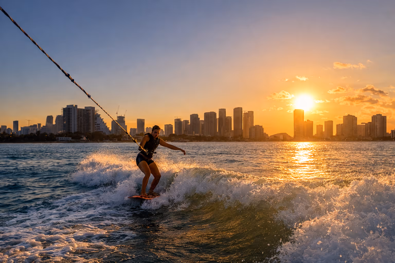 Person wakeboarding on water at sunset with city skyline in the background.