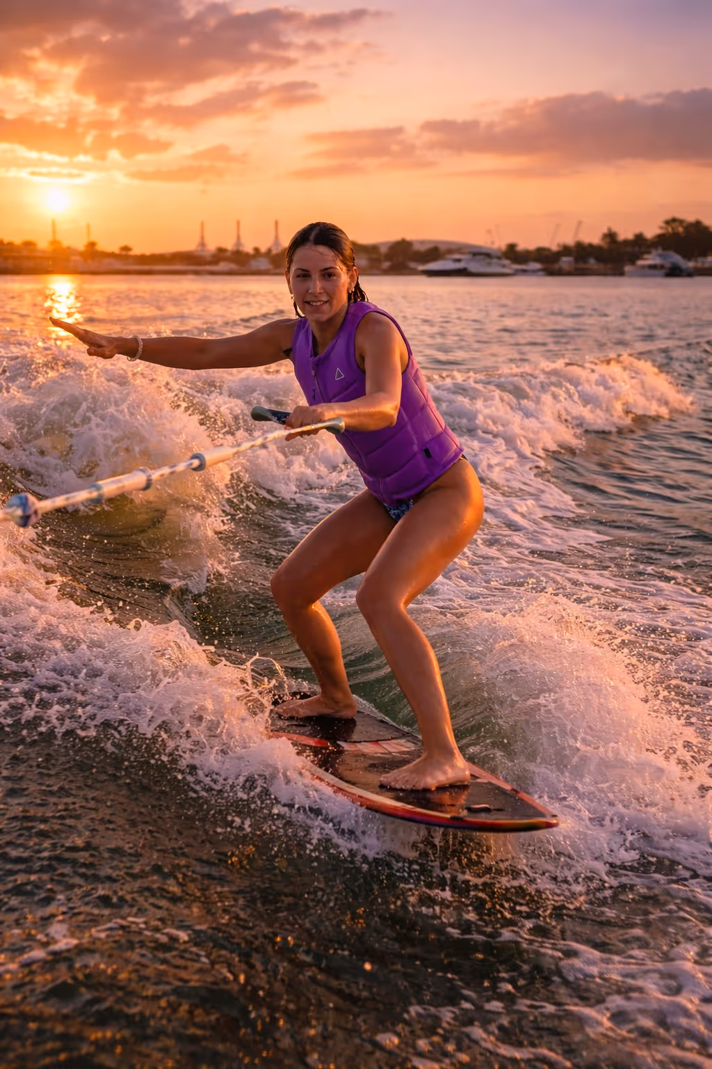 Smiling man wearing a red life vest and cap surfing on a colorful board on turquoise ocean waves.