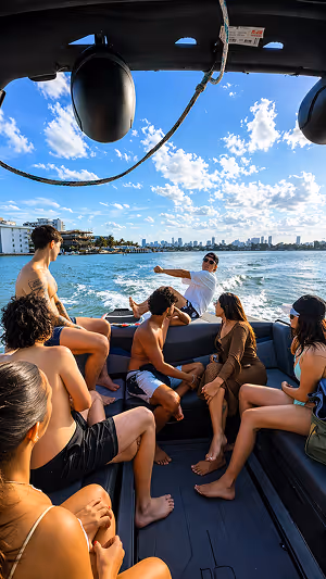 Man wakeboarding on blue water near a city shoreline with buildings and palm trees under a blue sky.