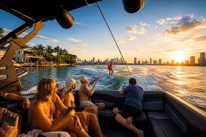 Group of people on a boat watching a man wakesurfing on water at sunset with a city skyline in the background.