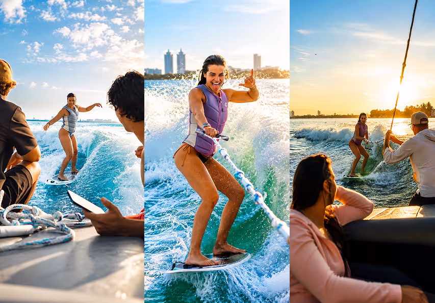 Collage of a woman wake surfing on blue water with people watching from a boat at sunset.