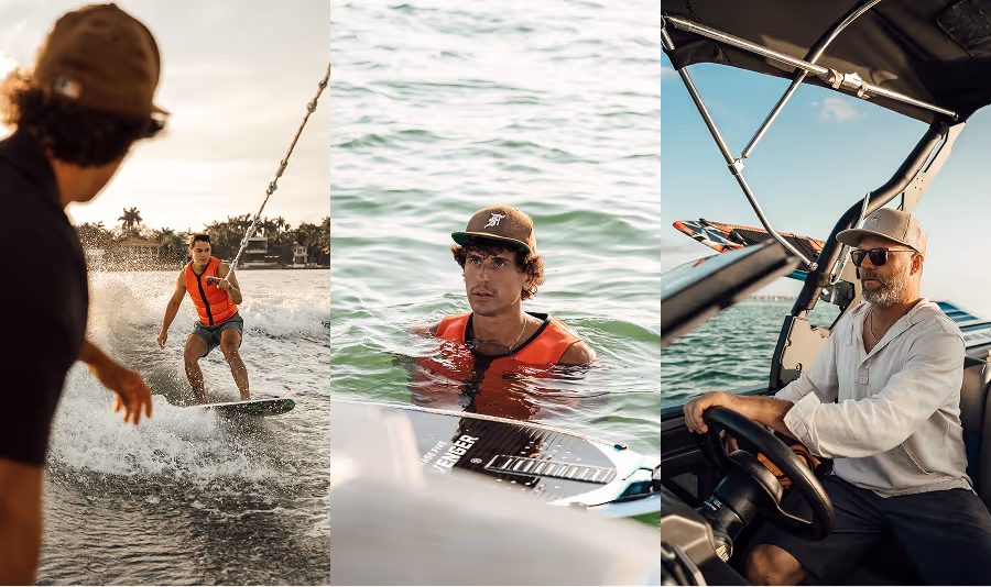 Collage of wakeboarding scenes: a wakeboarder riding a wave, a man in life jacket in water, and a man driving a boat.