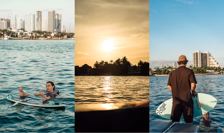 Triptych: woman floating on surfboard in water, sunset over palm trees, man with surfboard facing water