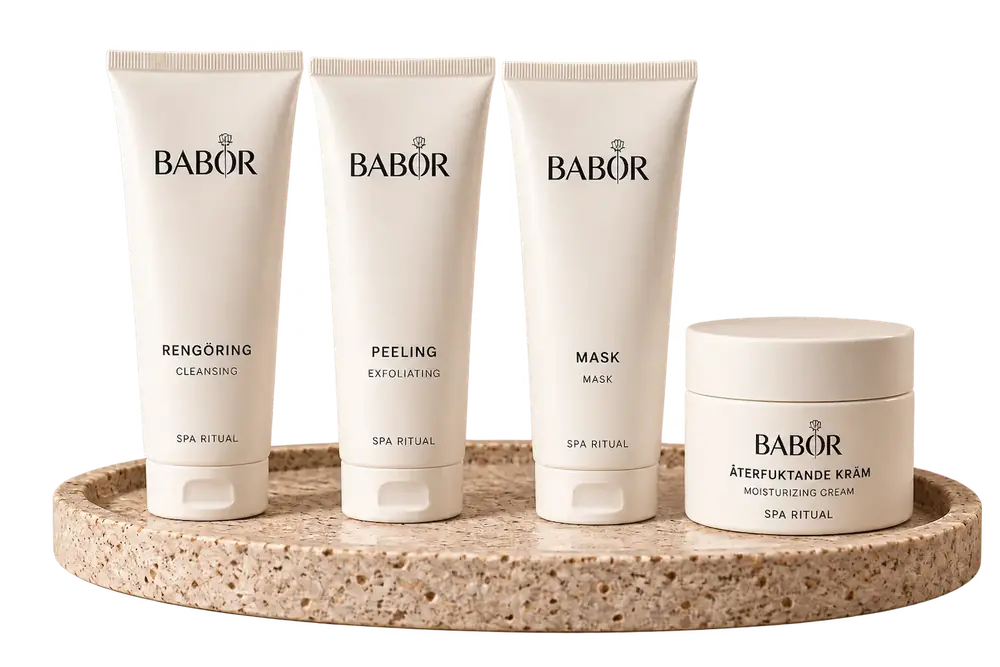 Babor spabricka med rengöring, peeling, mask och återfuktande kräm på en stenbricka