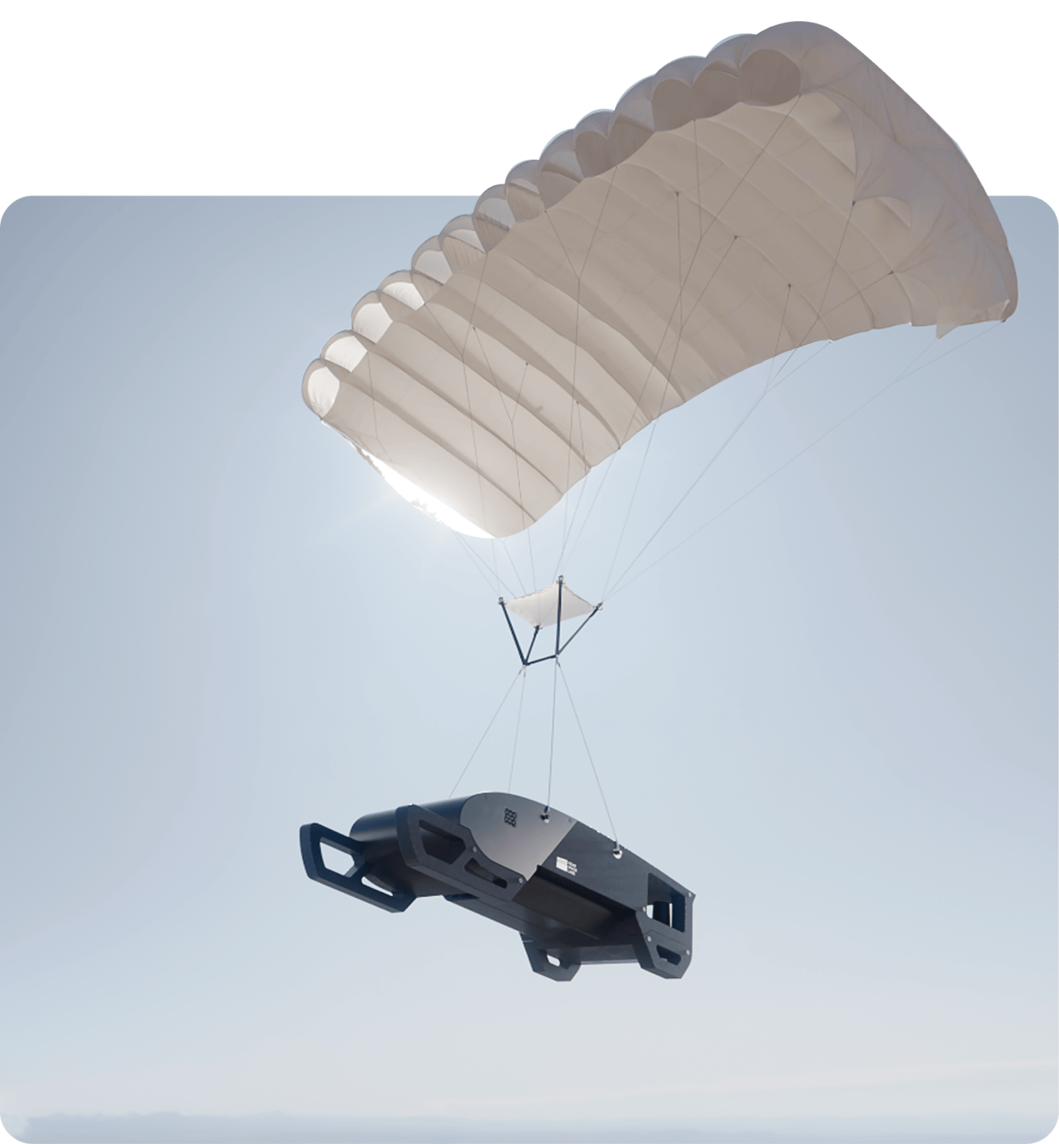 Near Space Labs' Swift robot descending with a large white parachute against a clear sky.