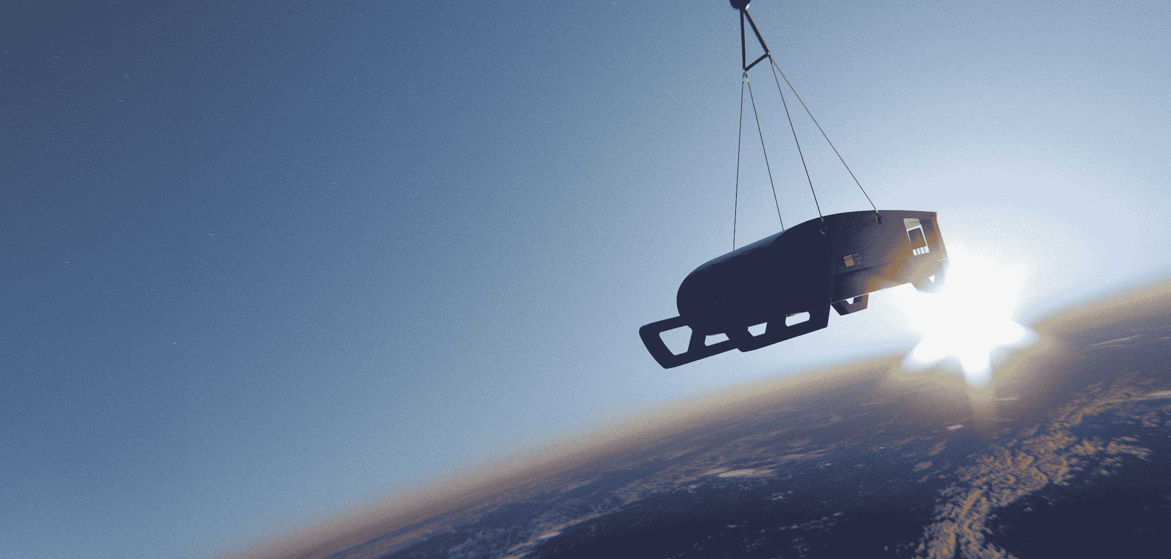 Silhouette of Near Space Labs' Swift robot suspended by cables flying in the stratosphere with the sun shining behind it.