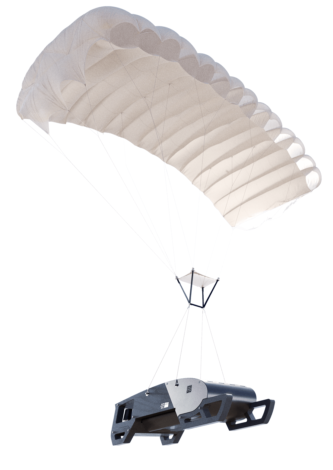 Near Space Labs' Swift robot with large landing gear canopy attached by multiple suspension lines.