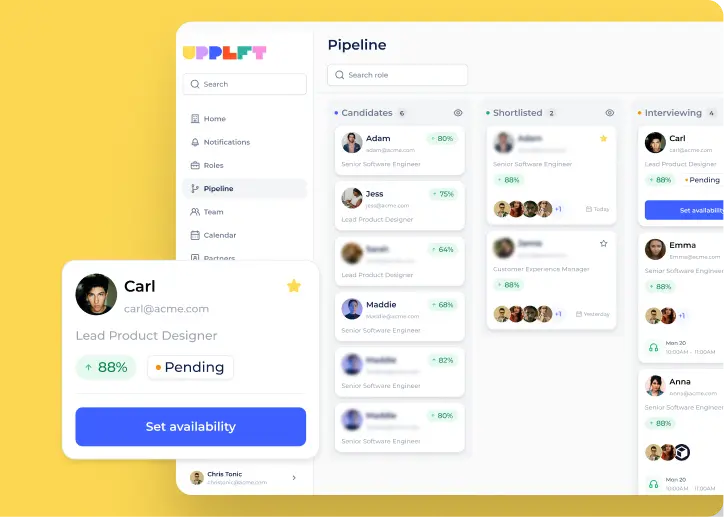 Recruitment pipeline dashboard showing candidates, shortlisted, and interviewing stages with profiles, statuses, and a highlighted availability setting for Carl, Lead Product Designer.