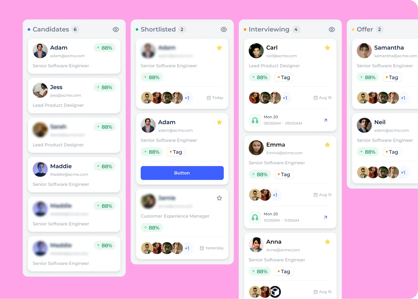 Dashboard with candidate management columns showing profiles under Candidates, Shortlisted, Interviewing, and Offer stages with names, roles, emails, ratings, tags, and group avatars.