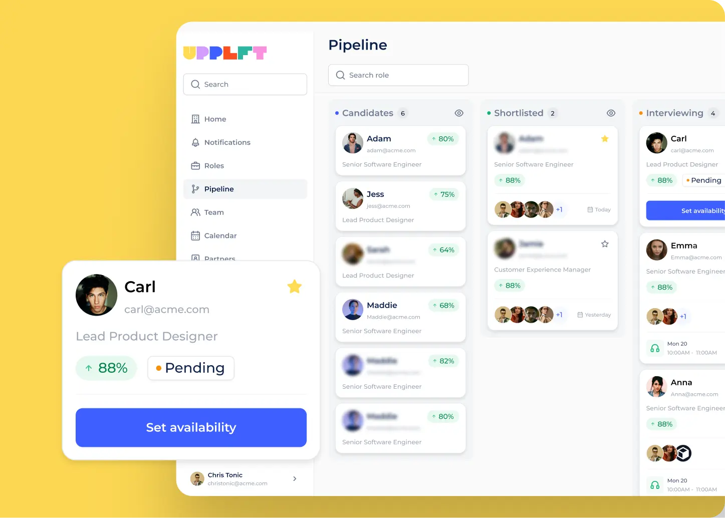 Recruitment pipeline dashboard showing candidates, shortlisted, and interviewing stages with profiles, statuses, and a highlighted availability setting for Carl, Lead Product Designer.