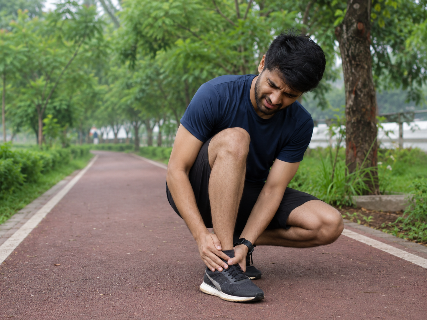 A runner pausing to hold a painful ankle on a path, illustrating a common ankle injury.