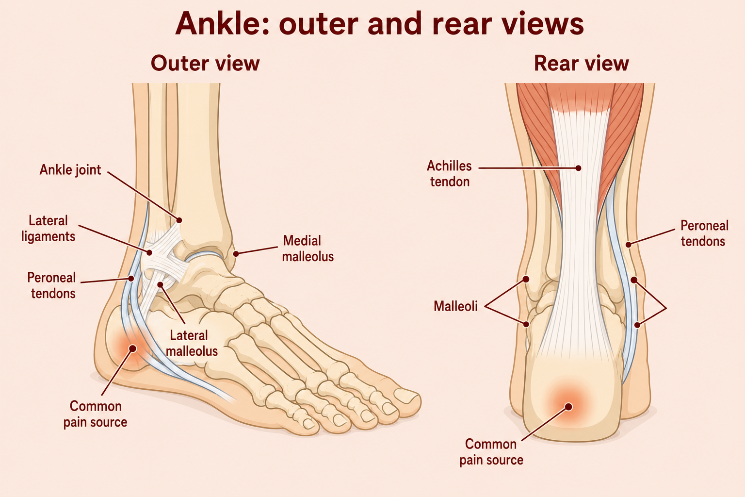 Labelled diagram of the ankle showing the joint, lateral ligaments, Achilles and peroneal tendons and common sources of ankle pain.