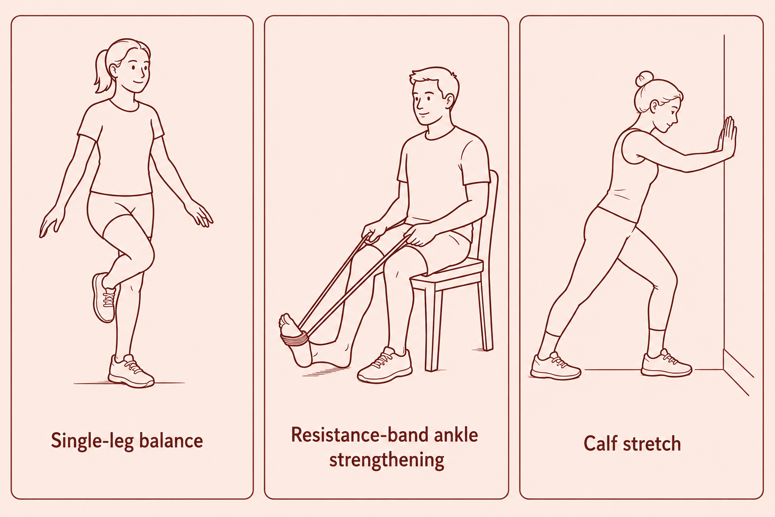 Illustration of ankle rehabilitation exercises: balance work, ankle strengthening and calf stretches.