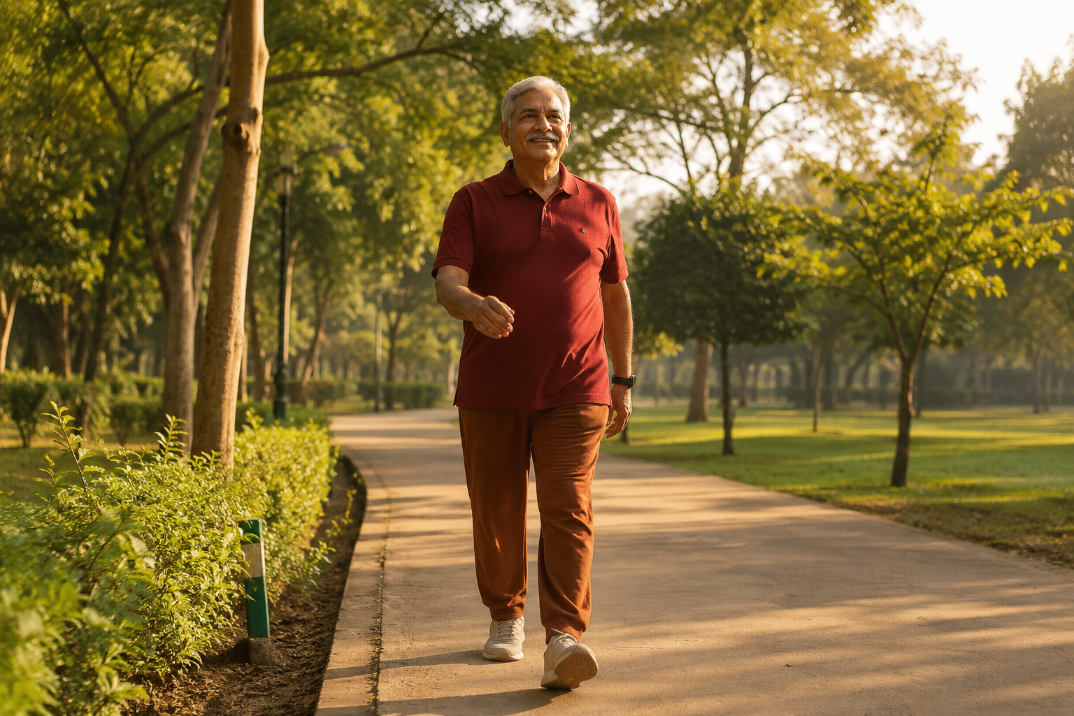 An older adult brisk-walking outdoors in sunlight, illustrating weight-bearing exercise and vitamin D for bone health.
