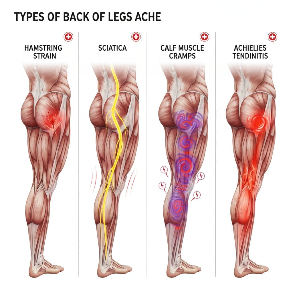 Labelled diagram of the calf showing the gastrocnemius and soleus muscles and the Achilles tendon, with common sources of calf pain.