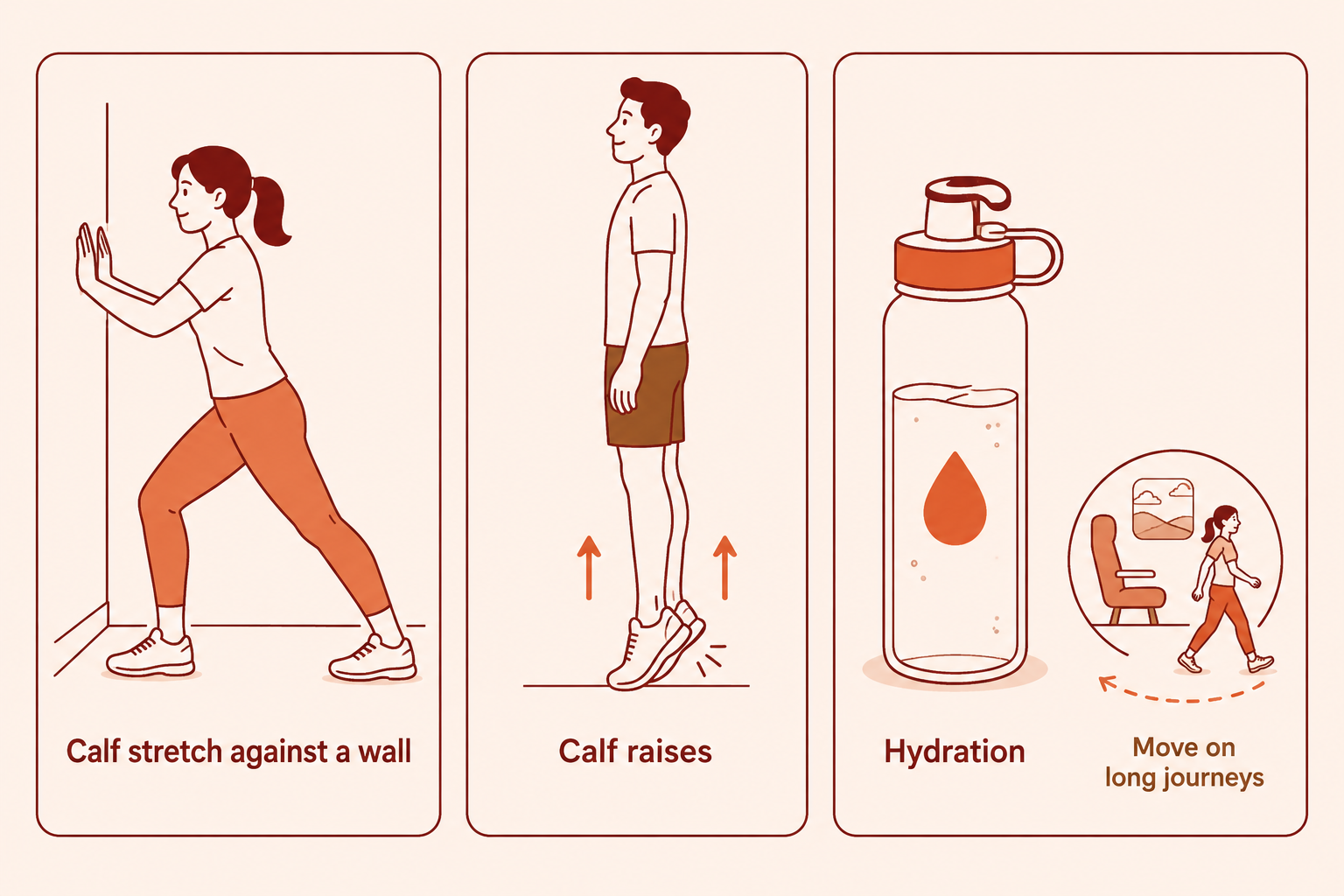 Illustration of calf care: calf stretch, calf raises and staying hydrated, with a reminder to move on long journeys.