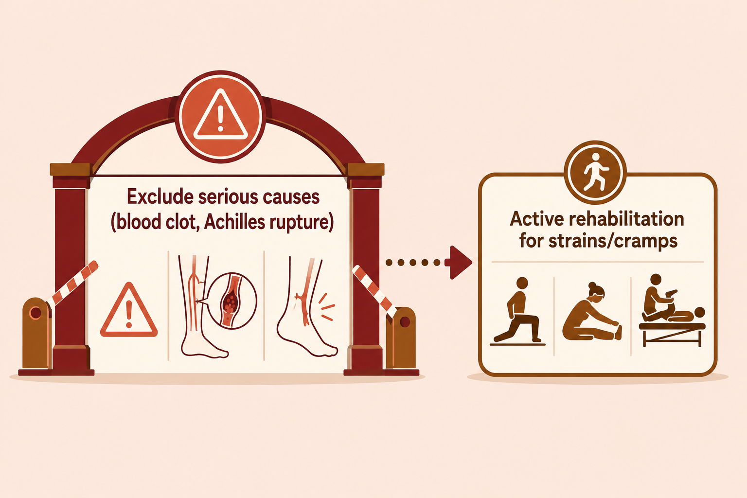Calf pain pathway: exclude serious causes such as blood clot and Achilles rupture first, then active rehabilitation for muscle strains and cramps.
