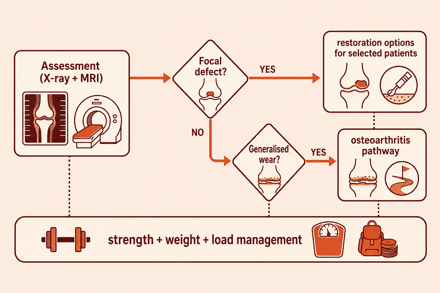 Decision pathway for cartilage problems: distinguish focal defect from generalised wear, protect and strengthen, and surgical restoration for selected defects.