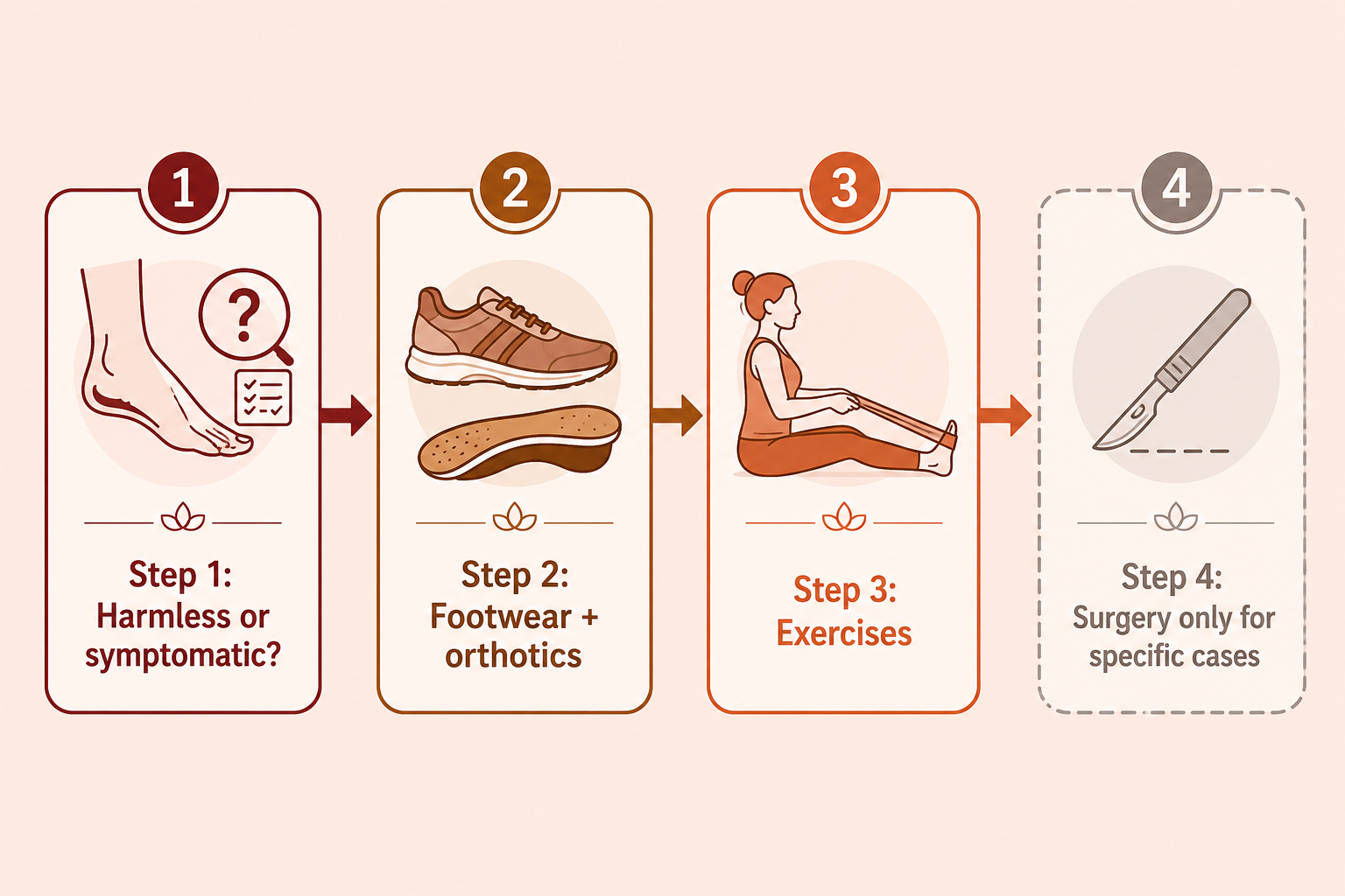 Flat feet pathway: decide harmless versus symptomatic, supportive footwear and orthotics, exercises, and surgery only for specific cases.