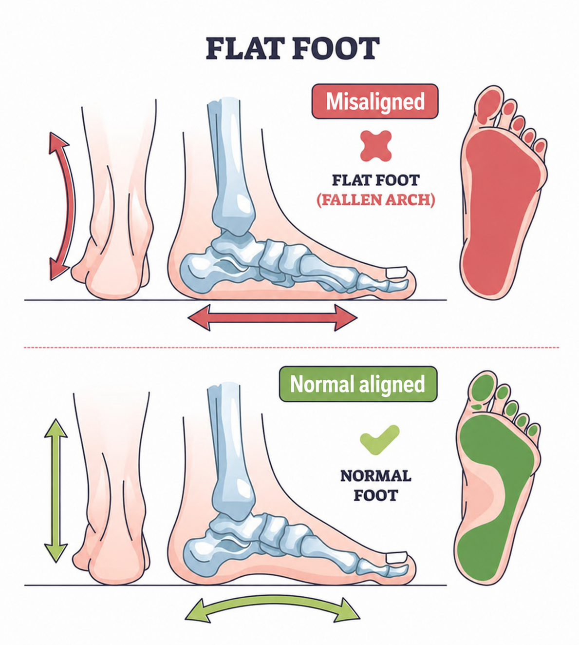 Diagram comparing a normal foot arch with a flattened (fallen) arch and the supporting posterior tibial tendon.