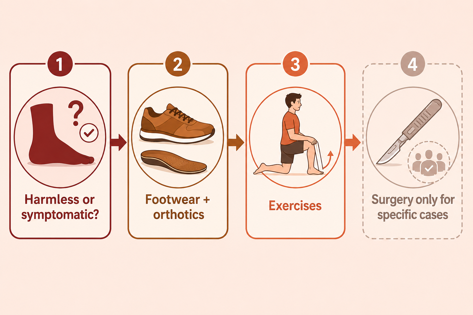 Illustration of foot and calf exercises for flat feet: calf stretch, heel raises and arch strengthening.