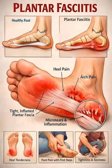Diagram of the sole of the foot showing the plantar fascia running from the heel to the toes, with the site of plantar fasciitis pain.