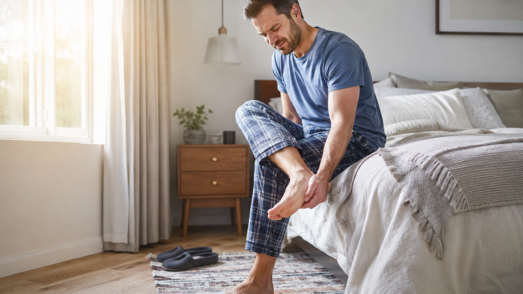A person sitting on the edge of a bed holding their heel on first standing in the morning.